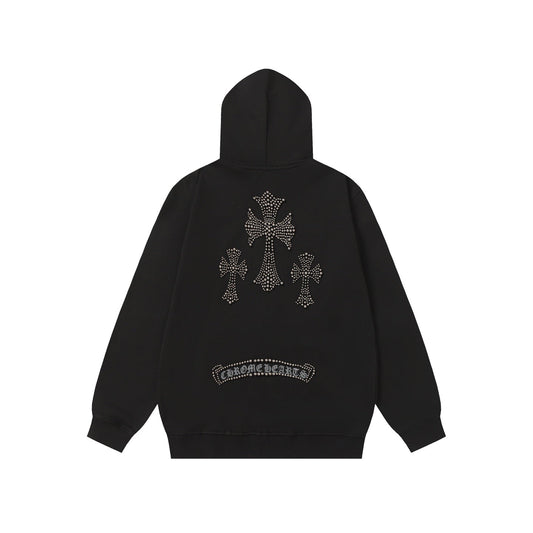Rhinestone Cross Hoodie - Black Gothic Streetwear Sweatshirt 2633