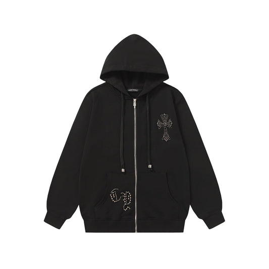 Rhinestone Cross Hoodie - Black Gothic Streetwear Sweatshirt 2633