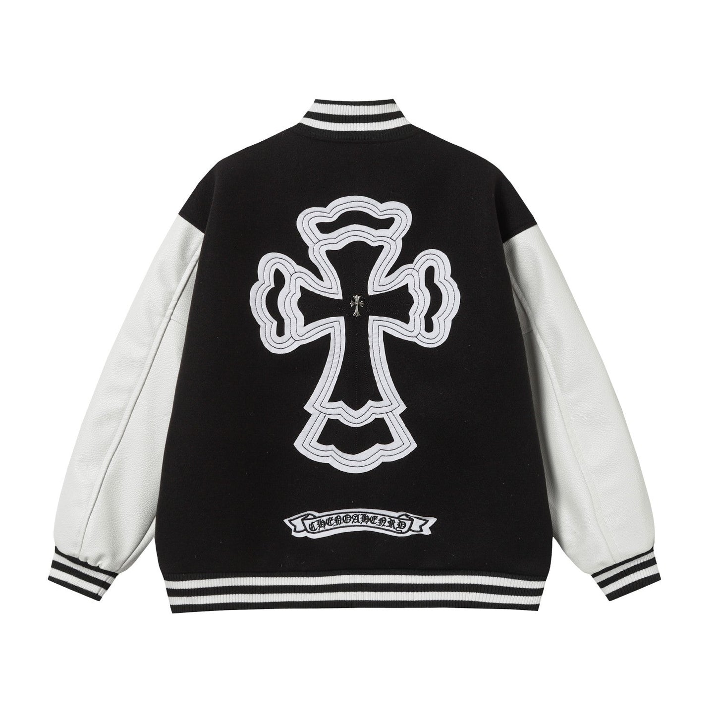 Layered Cross Varsity Jacket - Black White Street Style Outerwear 2208