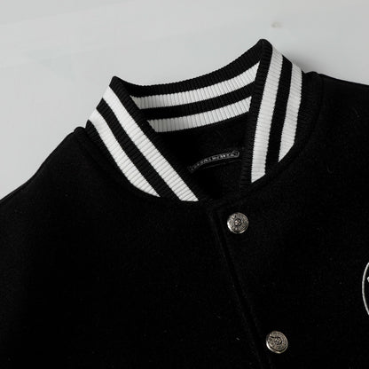 Layered Cross Varsity Jacket - Black White Street Style Outerwear 2208