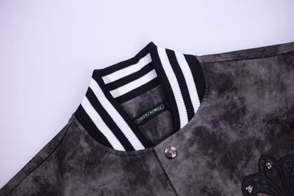 Fleur-de-lis Patch Varsity Jacket - Grey Tie-dye Outerwear A5588