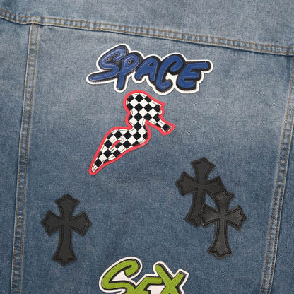 Patchwork Denim Jacket - Vintage Blue Gothic Street Jacket 0789